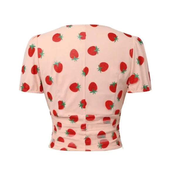 Pink Strawberry Mesh V-Neck Top - Picture 3 of 6